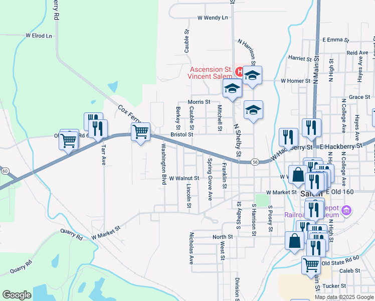 map of restaurants, bars, coffee shops, grocery stores, and more near 906 West Mulberry Street in Salem
