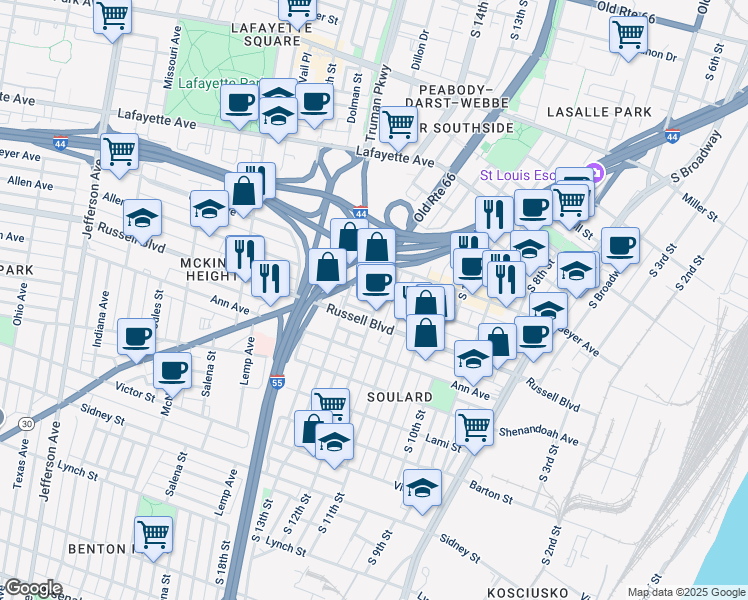 map of restaurants, bars, coffee shops, grocery stores, and more near 1219 Allen Market Lane in St. Louis