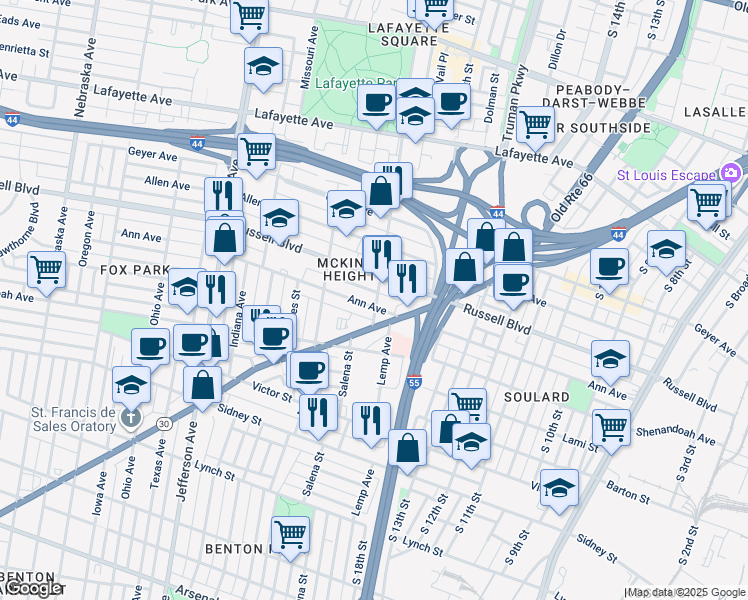 map of restaurants, bars, coffee shops, grocery stores, and more near 2017 Ann Avenue in St. Louis