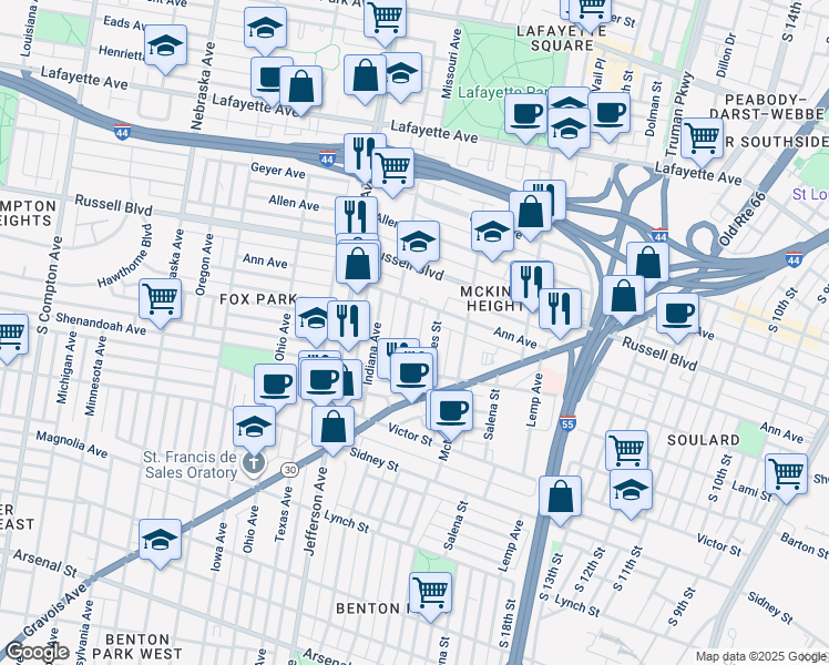 map of restaurants, bars, coffee shops, grocery stores, and more near 2225 Jules Street in St. Louis