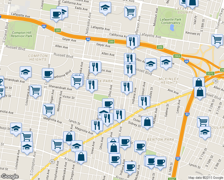 map of restaurants, bars, coffee shops, grocery stores, and more near 2706 Armand Place in St. Louis