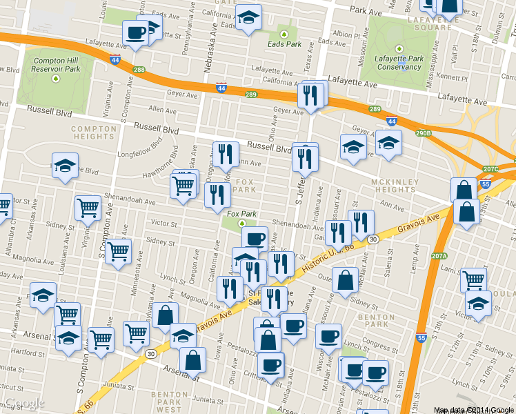 map of restaurants, bars, coffee shops, grocery stores, and more near 2706 Armand Place in St. Louis