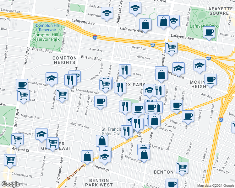 map of restaurants, bars, coffee shops, grocery stores, and more near 2823 Shenandoah Avenue in St. Louis