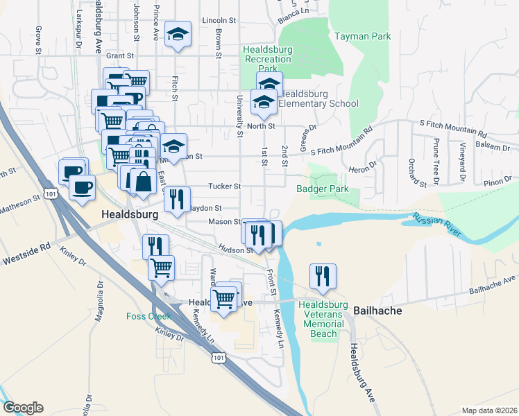 map of restaurants, bars, coffee shops, grocery stores, and more near 99 1st Street in Healdsburg