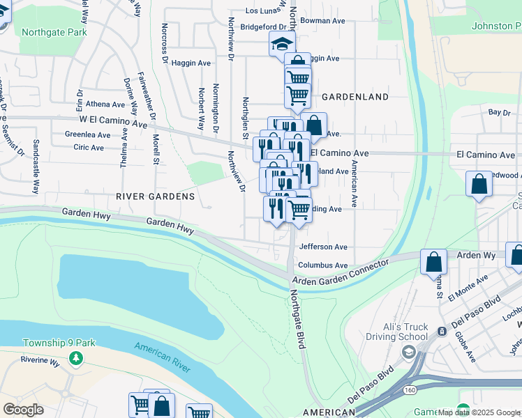 map of restaurants, bars, coffee shops, grocery stores, and more near 663 Northfield Drive in Sacramento