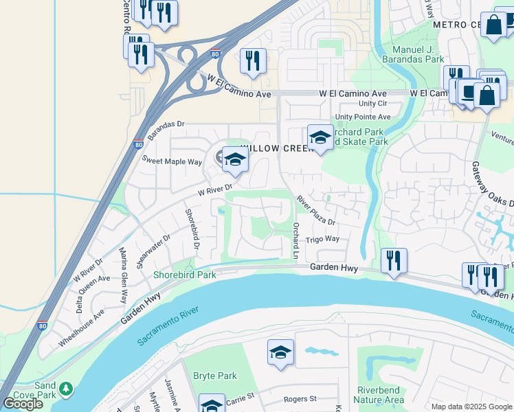 map of restaurants, bars, coffee shops, grocery stores, and more near 2333 Pro Am Court in Sacramento