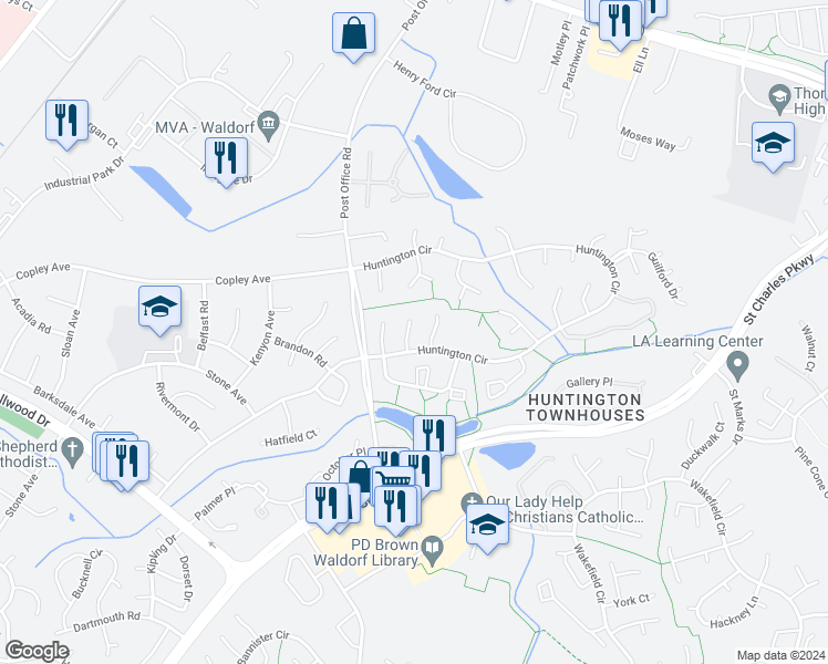 map of restaurants, bars, coffee shops, grocery stores, and more near 3329 Jonathan Court in Waldorf