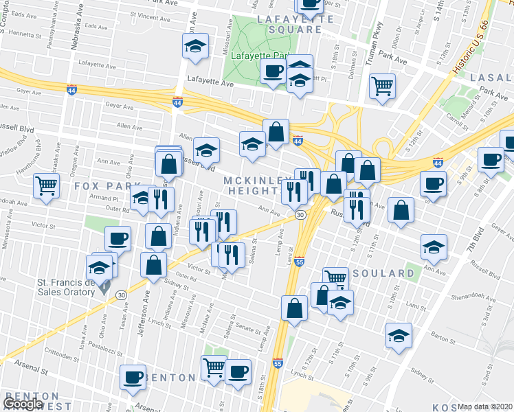 map of restaurants, bars, coffee shops, grocery stores, and more near 2027 Ann Avenue in St. Louis