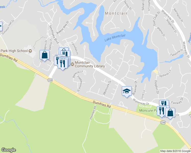 map of restaurants, bars, coffee shops, grocery stores, and more near 15861 Montview Drive in Dumfries
