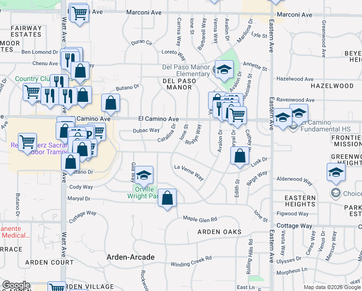 map of restaurants, bars, coffee shops, grocery stores, and more near 2412 Ione Street in Sacramento