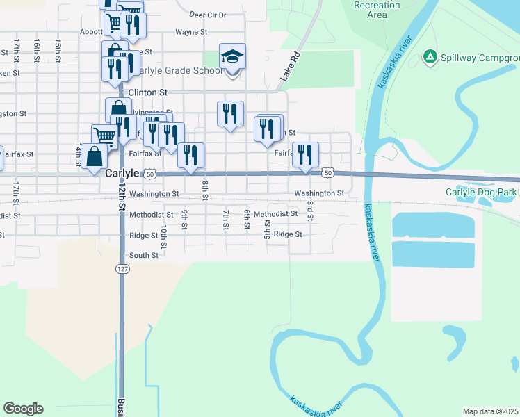 map of restaurants, bars, coffee shops, grocery stores, and more near 551 Methodist Street in Carlyle