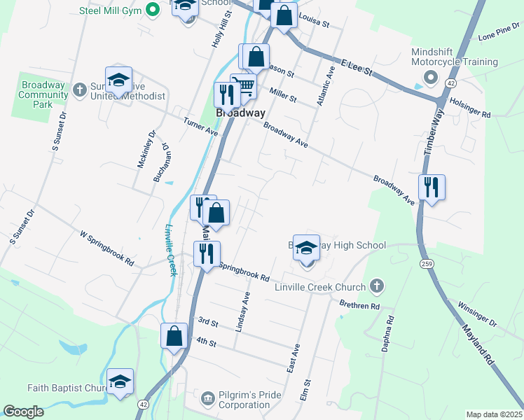 map of restaurants, bars, coffee shops, grocery stores, and more near 233 Alger Lane in Broadway