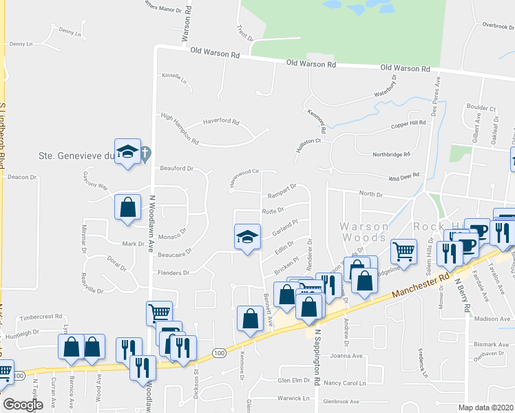 map of restaurants, bars, coffee shops, grocery stores, and more near 733 Rolfe Drive in St. Louis