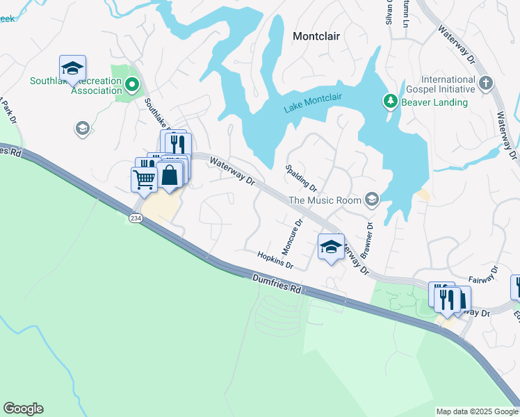 map of restaurants, bars, coffee shops, grocery stores, and more near 15861 Montview Drive in Dumfries