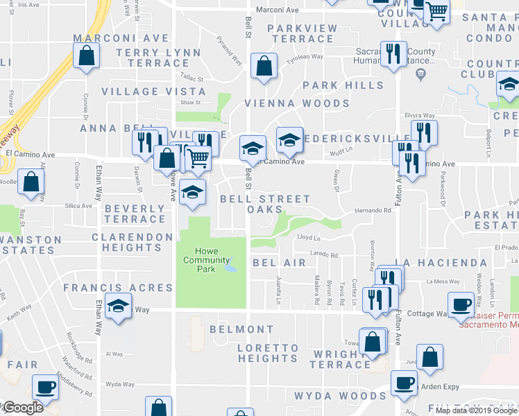map of restaurants, bars, coffee shops, grocery stores, and more near 2403 Post Oak Lane in Sacramento