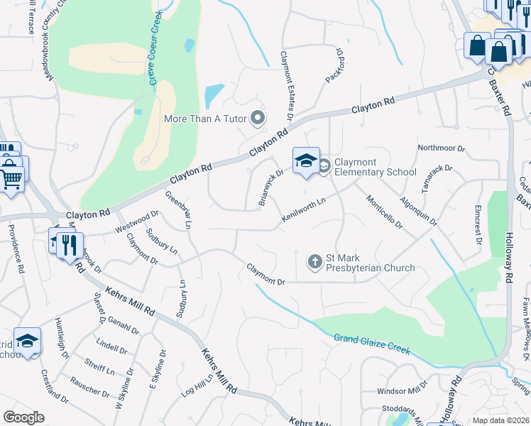 map of restaurants, bars, coffee shops, grocery stores, and more near 536 Briarwyck Drive in Ballwin