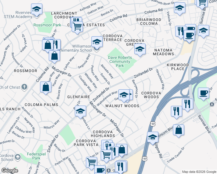 map of restaurants, bars, coffee shops, grocery stores, and more near 2236 Zinfandel Drive in Rancho Cordova