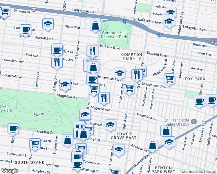 map of restaurants, bars, coffee shops, grocery stores, and more near 2332 Arkansas Avenue in St. Louis