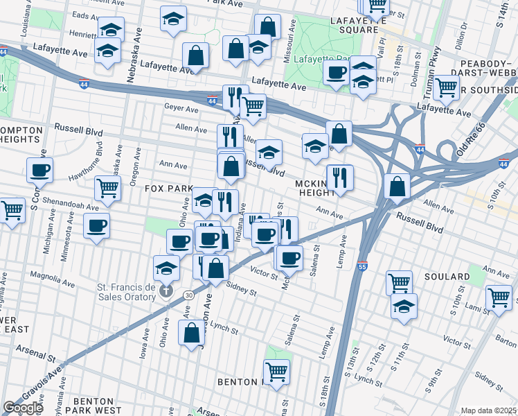 map of restaurants, bars, coffee shops, grocery stores, and more near 2231 Missouri Avenue in St. Louis