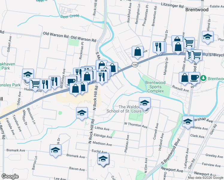 map of restaurants, bars, coffee shops, grocery stores, and more near 2926 Greentop Court in St. Louis