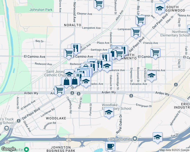 map of restaurants, bars, coffee shops, grocery stores, and more near 1922 Del Paso Boulevard in Sacramento