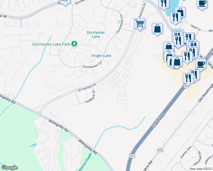 map of restaurants, bars, coffee shops, grocery stores, and more near 3620 Rugby Place in Waldorf