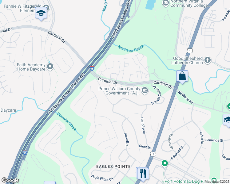 map of restaurants, bars, coffee shops, grocery stores, and more near 15835 Meherrin Way in Woodbridge