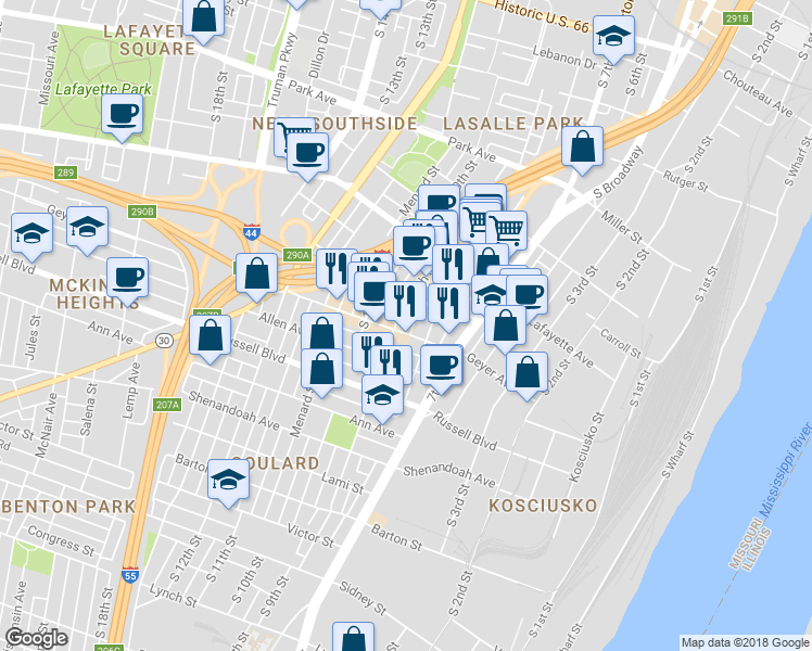 map of restaurants, bars, coffee shops, grocery stores, and more near 1854 South 9th Street in St. Louis