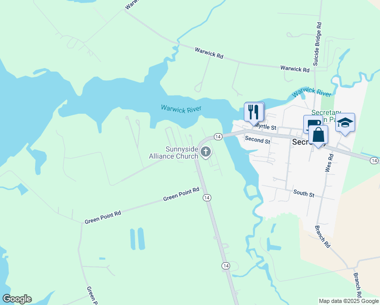 map of restaurants, bars, coffee shops, grocery stores, and more near 3755 Sunnyside Road in East New Market