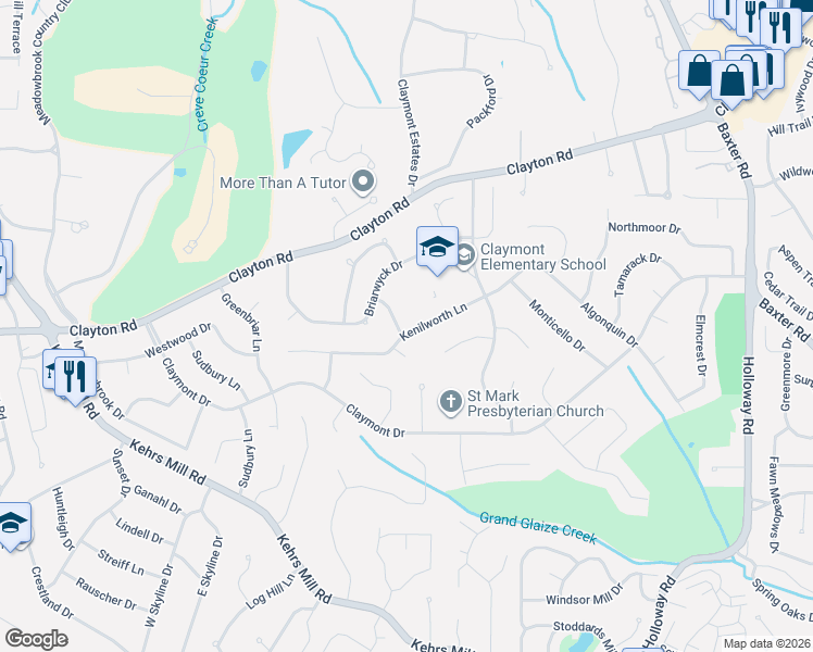 map of restaurants, bars, coffee shops, grocery stores, and more near 408 Lexbridge Lane in Ballwin