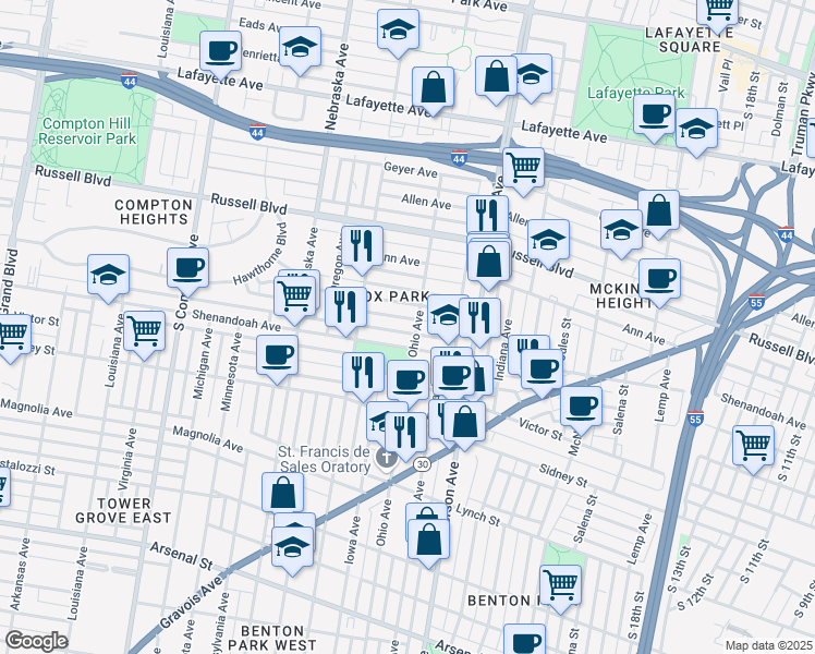 map of restaurants, bars, coffee shops, grocery stores, and more near 2706 Armand Place in St. Louis