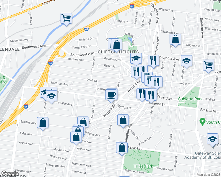 map of restaurants, bars, coffee shops, grocery stores, and more near 6221 Hoffman Avenue in St. Louis