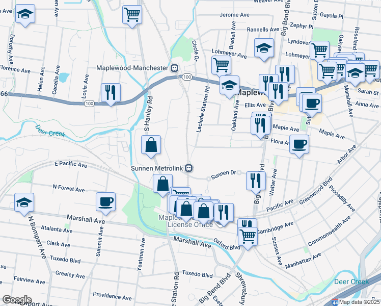 map of restaurants, bars, coffee shops, grocery stores, and more near 3005 Laclede Station Road in Maplewood