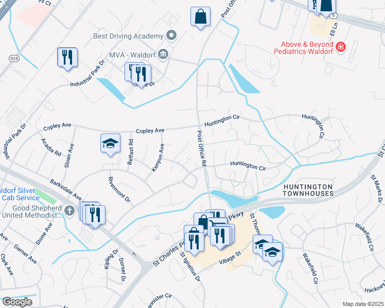 map of restaurants, bars, coffee shops, grocery stores, and more near 802C Larkspur Court in Waldorf