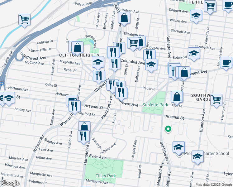 map of restaurants, bars, coffee shops, grocery stores, and more near 5929 Southwest Avenue in St. Louis