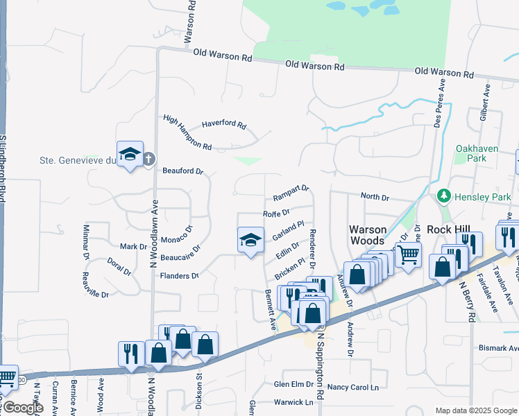 map of restaurants, bars, coffee shops, grocery stores, and more near 733 Rolfe Drive in St. Louis
