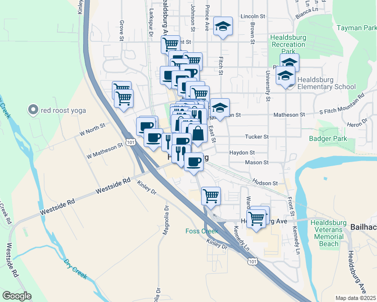 map of restaurants, bars, coffee shops, grocery stores, and more near 219 Healdsburg Avenue in Healdsburg