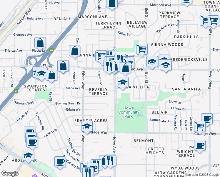 map of restaurants, bars, coffee shops, grocery stores, and more near 2111 Delma Way in Sacramento