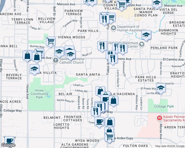 map of restaurants, bars, coffee shops, grocery stores, and more near 2517 Hernando Road in Sacramento