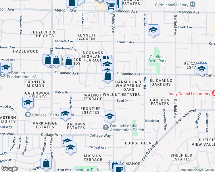 map of restaurants, bars, coffee shops, grocery stores, and more near 2401 Thomas Lane in Carmichael