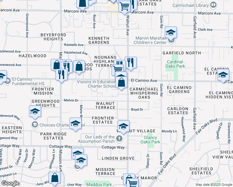 map of restaurants, bars, coffee shops, grocery stores, and more near 2401 Thomas Lane in Carmichael