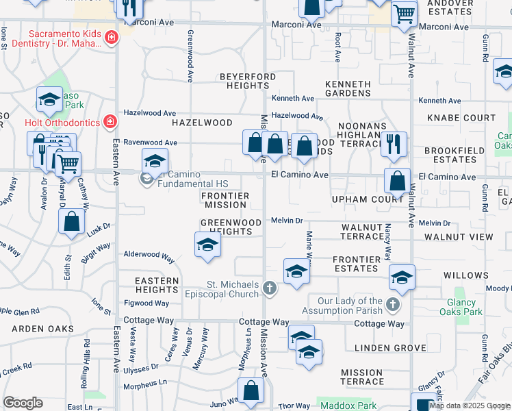 map of restaurants, bars, coffee shops, grocery stores, and more near 2411 Mission Avenue in Carmichael