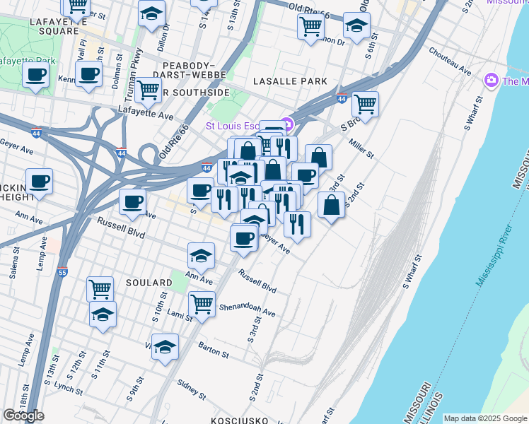 map of restaurants, bars, coffee shops, grocery stores, and more near 1731 South Broadway in St. Louis