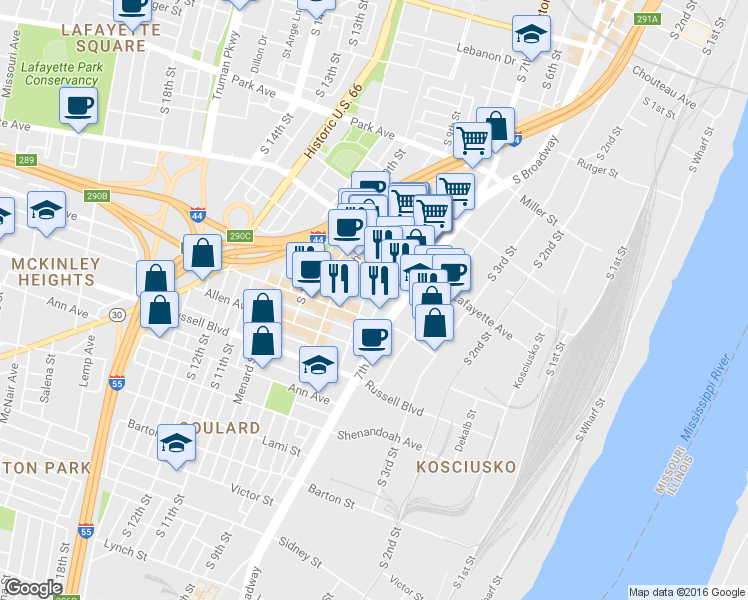 map of restaurants, bars, coffee shops, grocery stores, and more near 1832 South 8th Street in St. Louis