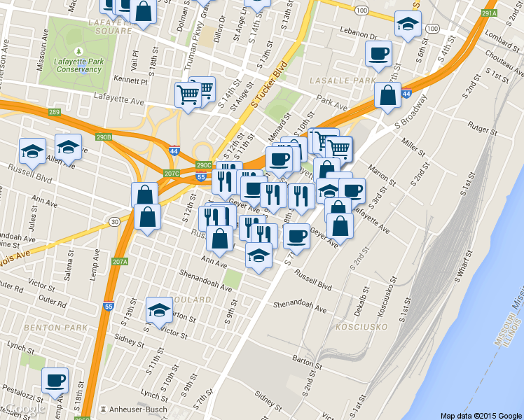 map of restaurants, bars, coffee shops, grocery stores, and more near 1852 South 10th Street in St. Louis