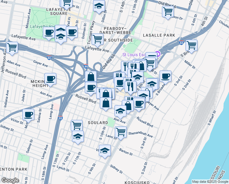 map of restaurants, bars, coffee shops, grocery stores, and more near 1852 South 10th Street in St. Louis