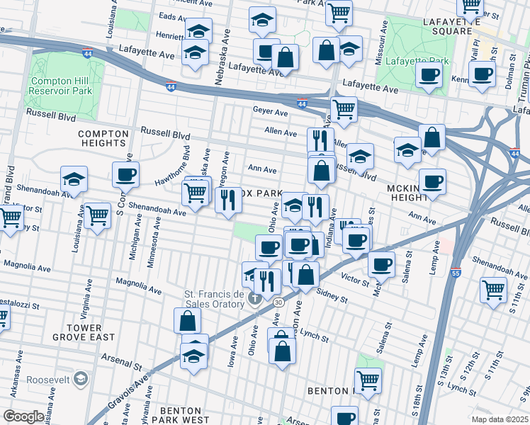 map of restaurants, bars, coffee shops, grocery stores, and more near 2706 Armand Place in St. Louis