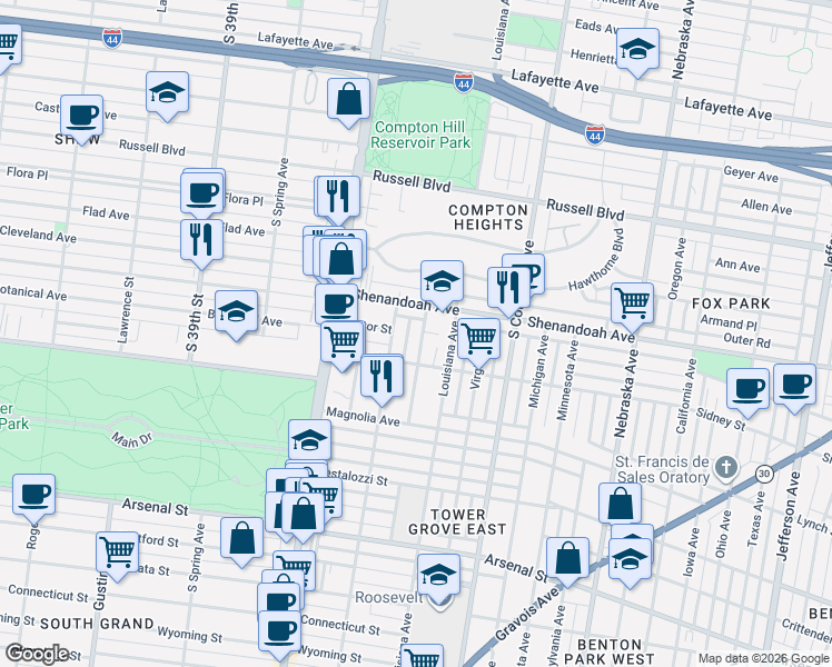 map of restaurants, bars, coffee shops, grocery stores, and more near 2332 Arkansas Avenue in St. Louis