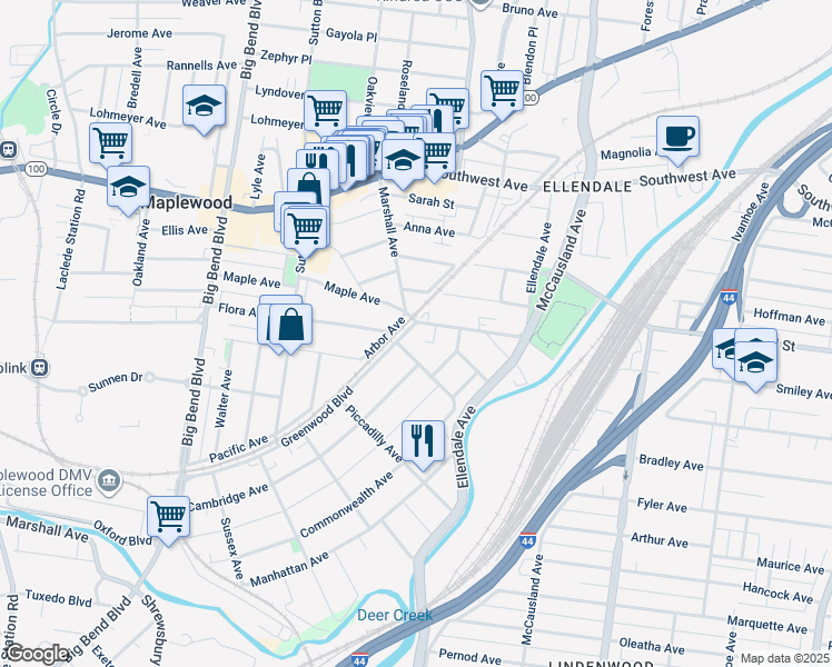 map of restaurants, bars, coffee shops, grocery stores, and more near 7418 Canterbury Avenue in Maplewood