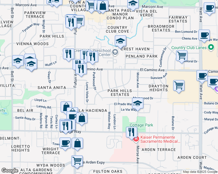 map of restaurants, bars, coffee shops, grocery stores, and more near 2403 Brentwood Road in Sacramento